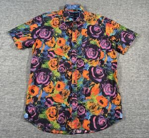 David Smith Shirt Mens Medium Colorful Roses Short Sleeve Cotton Button-Up
